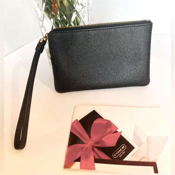 COACH Corner Zip Wristlet Wallet Crossgrain Leather Black w Brass Zipper - Picture 6 of 10